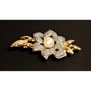 Vtg Park Lane Pave Rhinestone Floral Faux Pearl Goldtone Statement Brooch